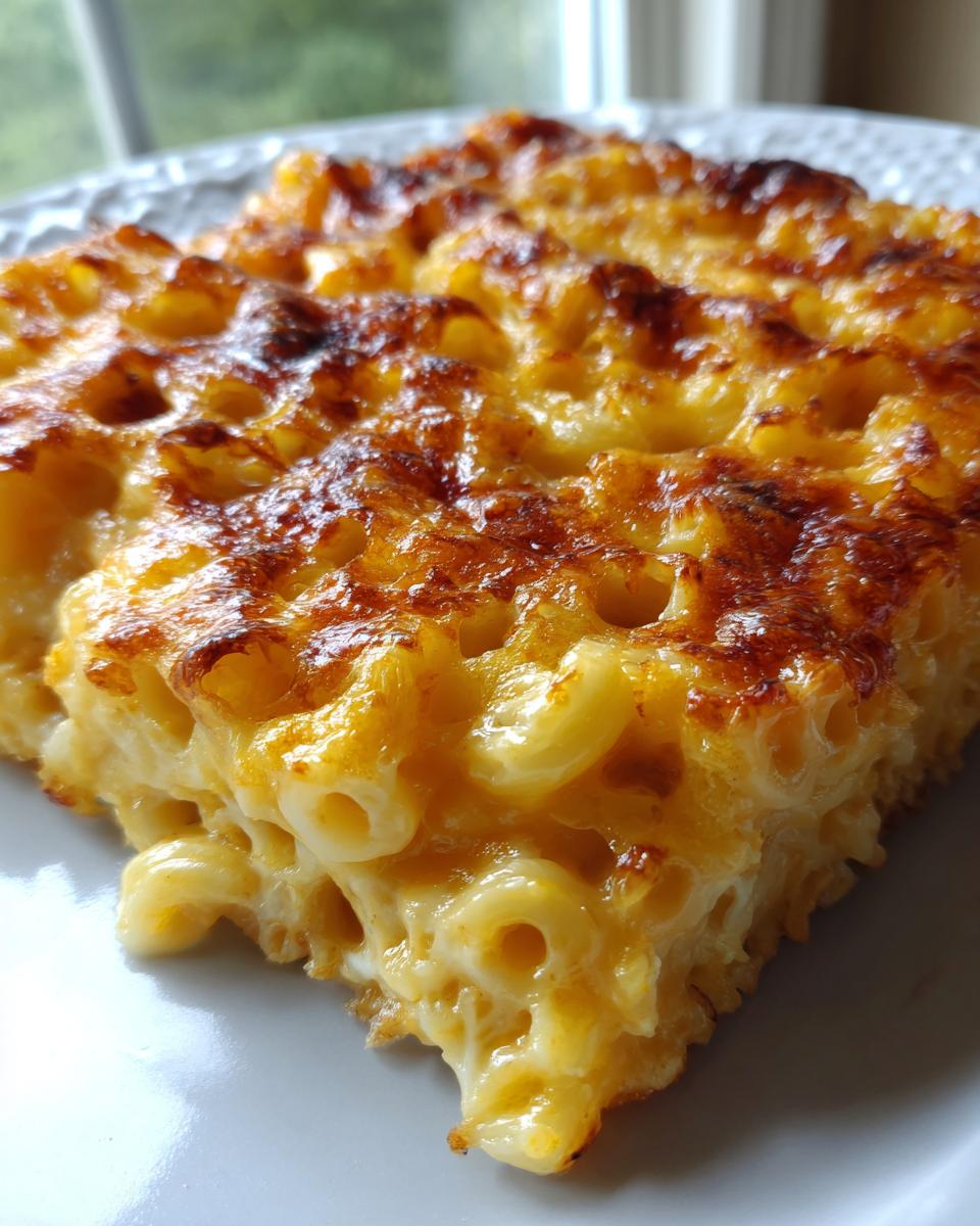 Close-up of a baked slice of Old Fashioned Macaroni And Cheese showing creamy interior and a deeply browned, cheesy crust.