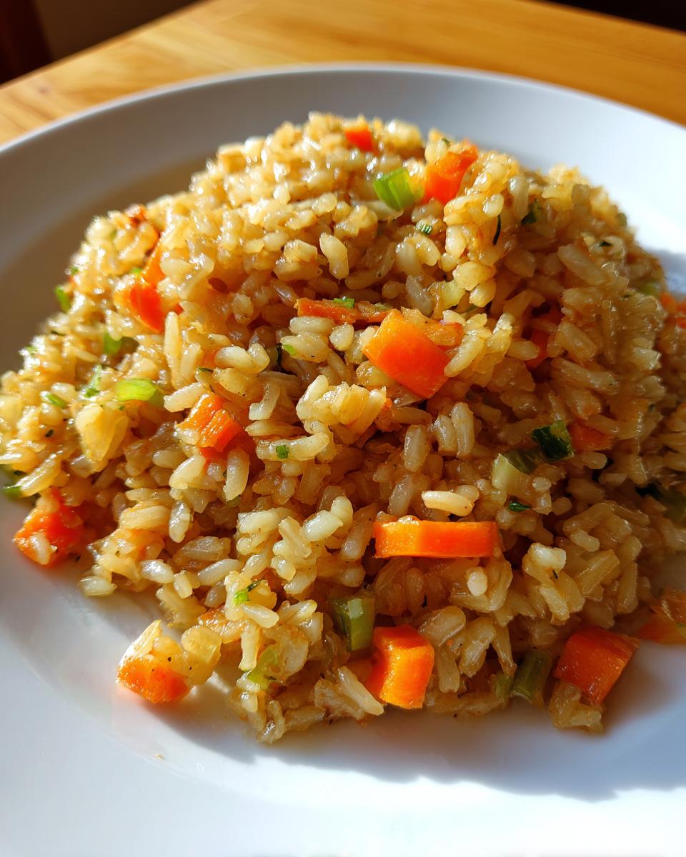 Close-up of a serving of savory brown rice recipes mixed with diced carrots and green onions.