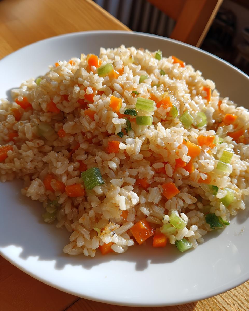 A close-up of a serving of flavorful brown rice recipes mixed with diced carrots and celery.
