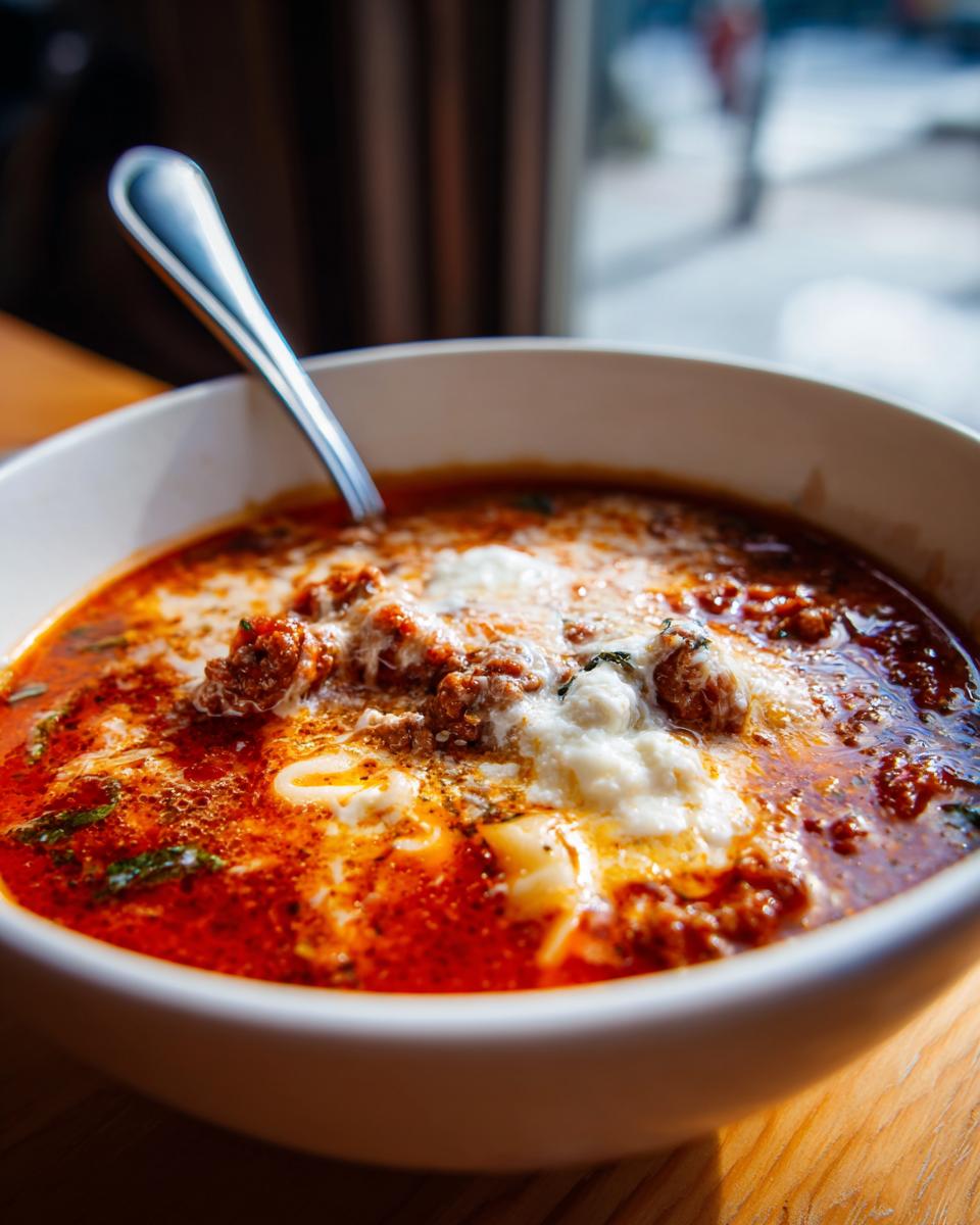 Close-up of a white bowl filled with rich, red One Pot Lasagna Soup topped with melted cheese and ricotta.