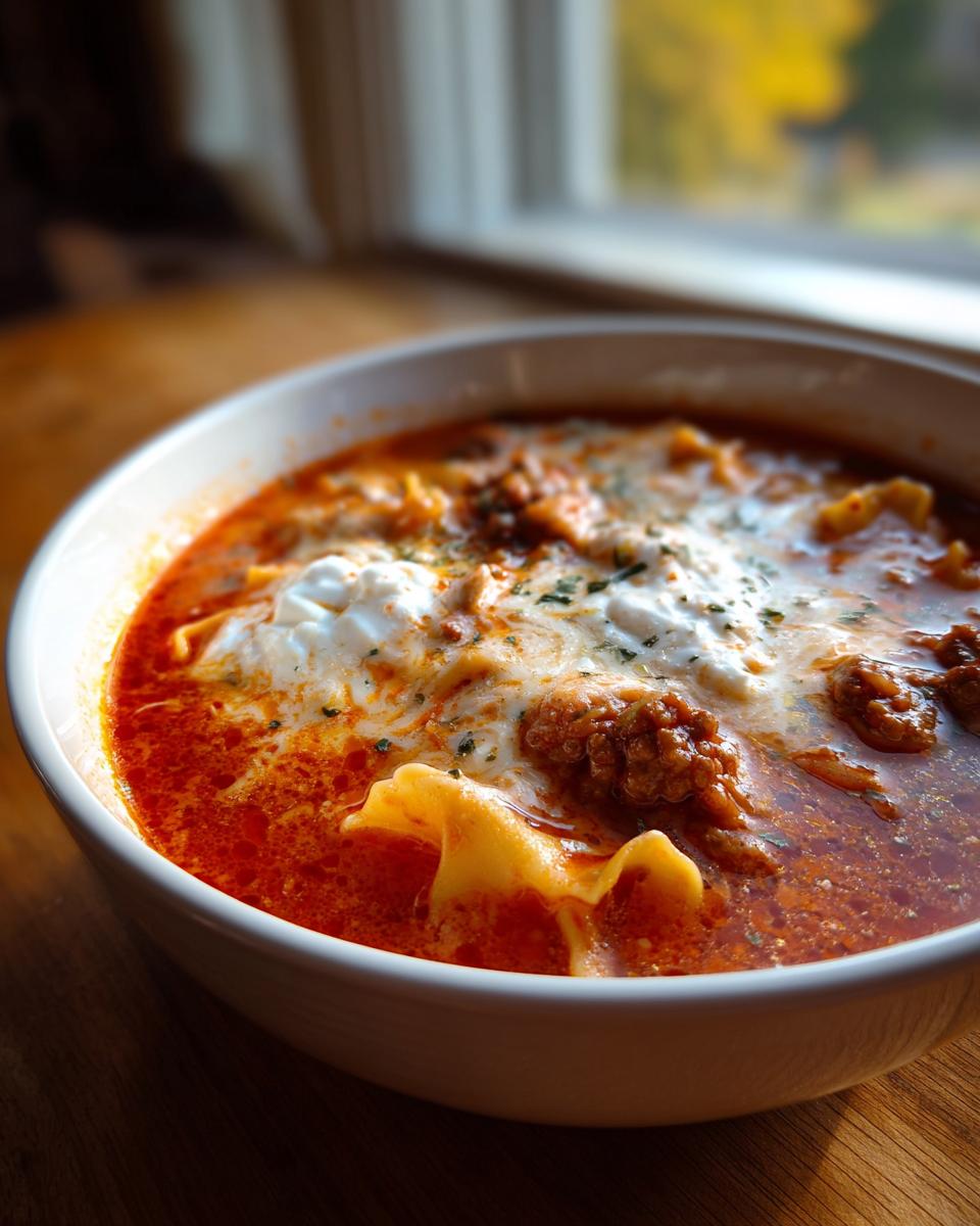 Close-up of a white bowl filled with rich, red One Pot Lasagna Soup topped with dollops of white ricotta cheese and herbs.