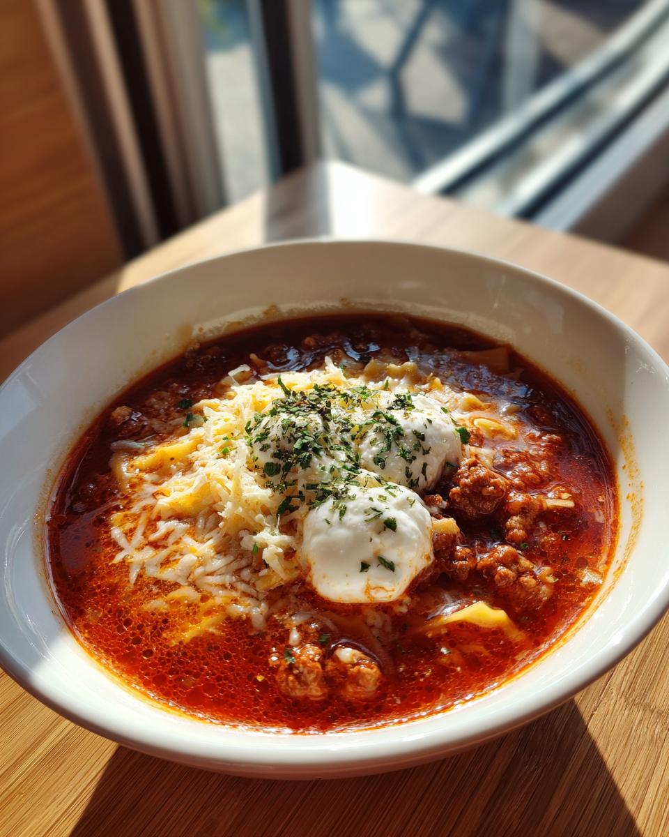Close-up of a bowl of rich, red One Pot Lasagna Soup topped with shredded cheese, dollops of ricotta, and parsley.