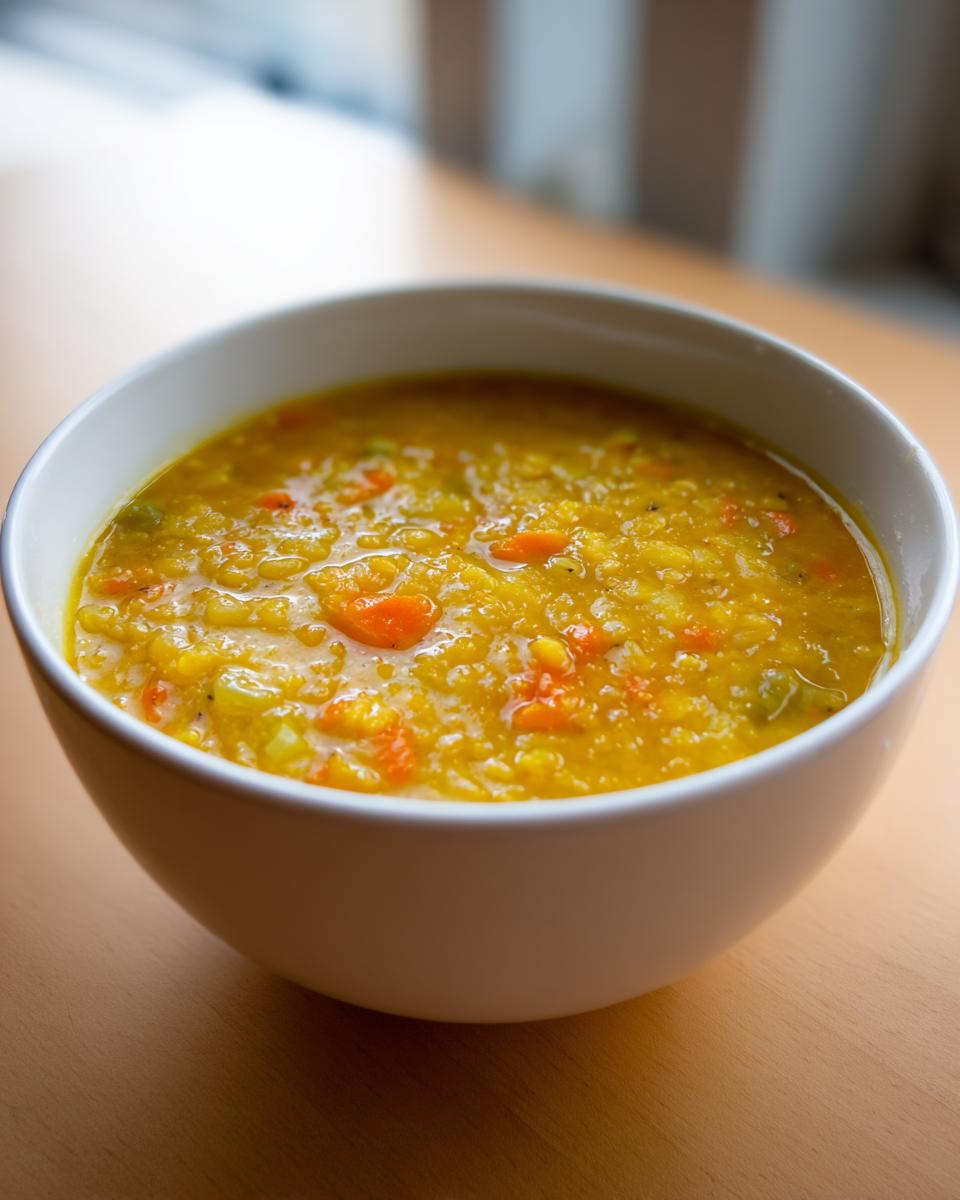 Close-up of a thick, yellow Lentil Soup with visible chunks of carrots and celery in a white bowl.