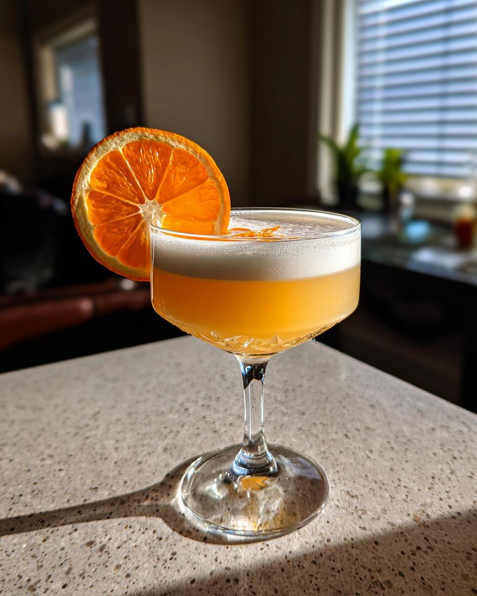A bright orange sour cocktail with white foam, garnished with a dried orange slice, perfect for sour cocktails.