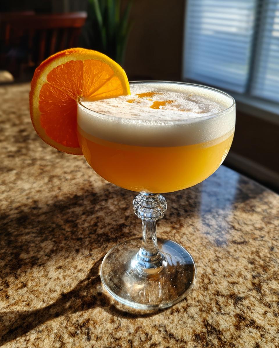 A bright orange sour cocktail with a thick layer of white foam, garnished with an orange slice, perfect for a sour cocktails recipe.