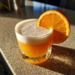 A vibrant orange sour cocktail with a thick layer of foam, garnished with a fresh orange wheel.