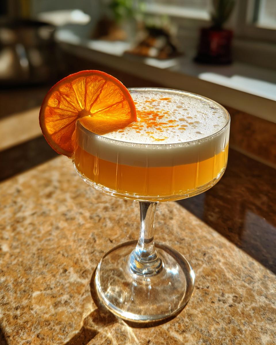 A bright orange sour cocktails with a thick foam top, garnished with a dried orange slice.