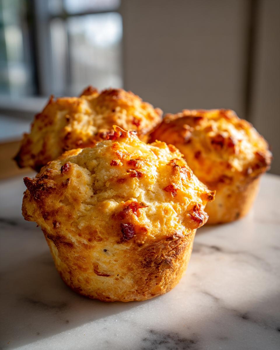 Close-up of three golden brown Pancake Sausage Muffins with crispy, cheesy tops resting on a marble surface.