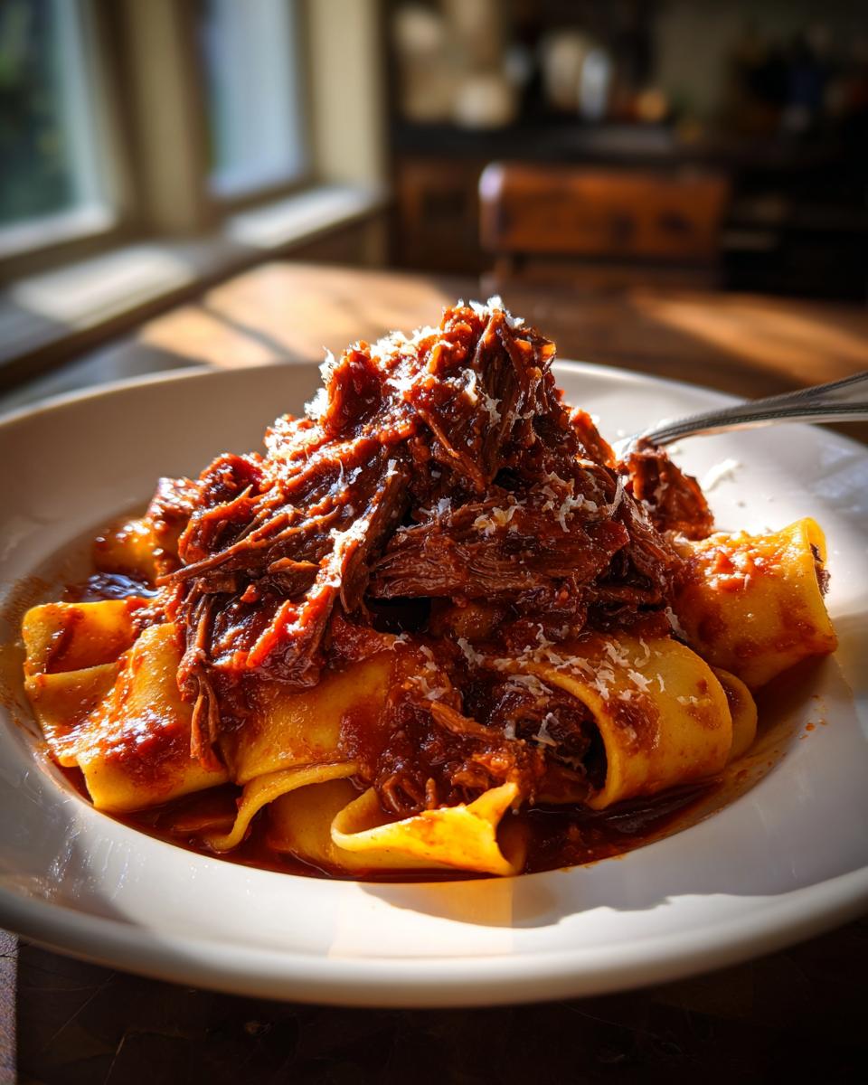 A close-up of rich, shredded Short Rib Ragu piled high on wide pappardelle pasta, topped with grated cheese.
