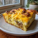 A close-up of a square slice of Paula Deen Breakfast Casserole topped with melted, browned cheese and sausage.