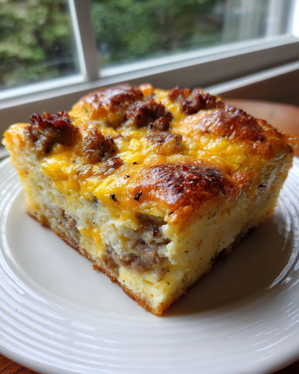 A square slice of Paula Deen Breakfast Casserole featuring eggs, cheese, and sausage crumbles, served on a white plate.