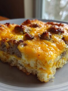 A close-up of a hearty slice of Paula Deen Breakfast Casserole topped with melted cheddar cheese and sausage.
