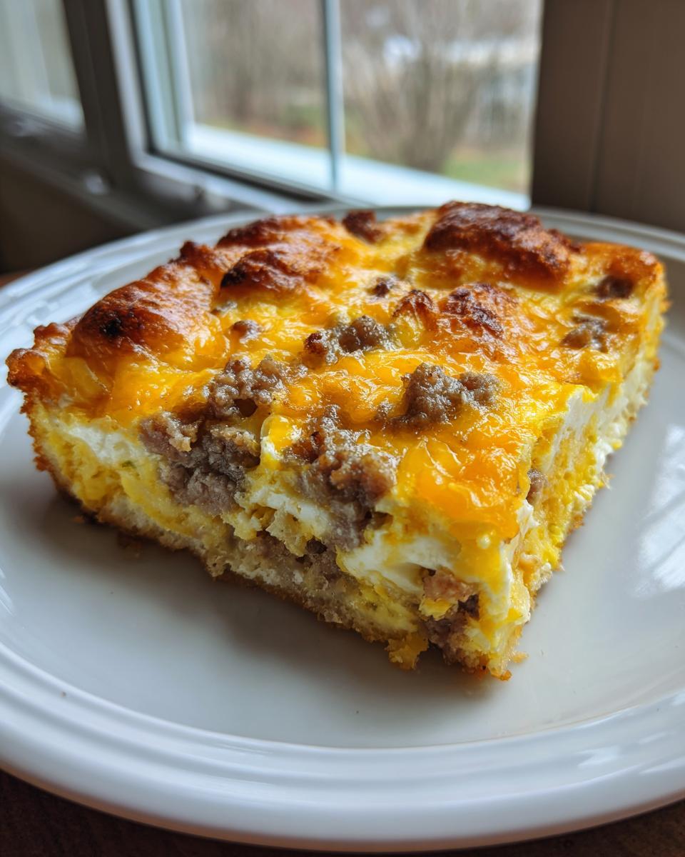 A square slice of Paula Deen Breakfast Casserole topped with melted cheddar cheese and sausage crumbles, served on a white plate.