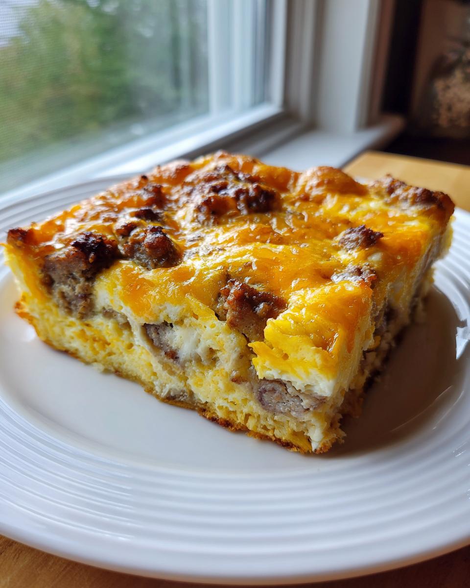 A square slice of Paula Deen Breakfast Casserole topped with melted cheddar cheese and sausage crumbles, served on a white plate.