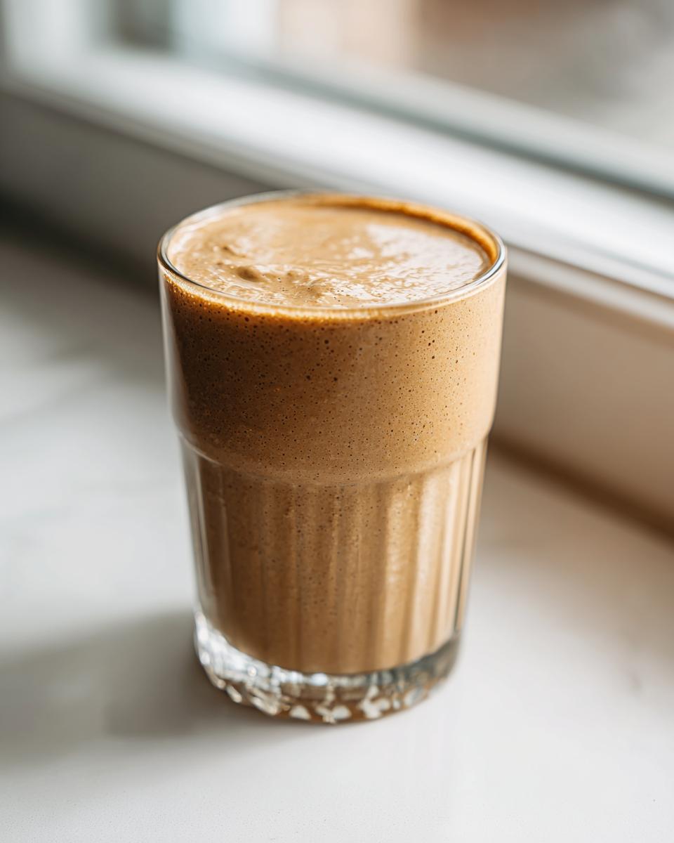 A thick, frothy brown smoothie, likely made with PB2 Recipes, served in a tall glass on a white surface near a window.