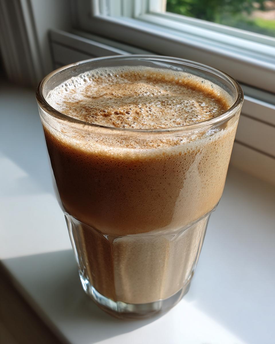 A tall glass filled with a thick, frothy brown smoothie made using PB2 Recipes, sitting on a white windowsill.