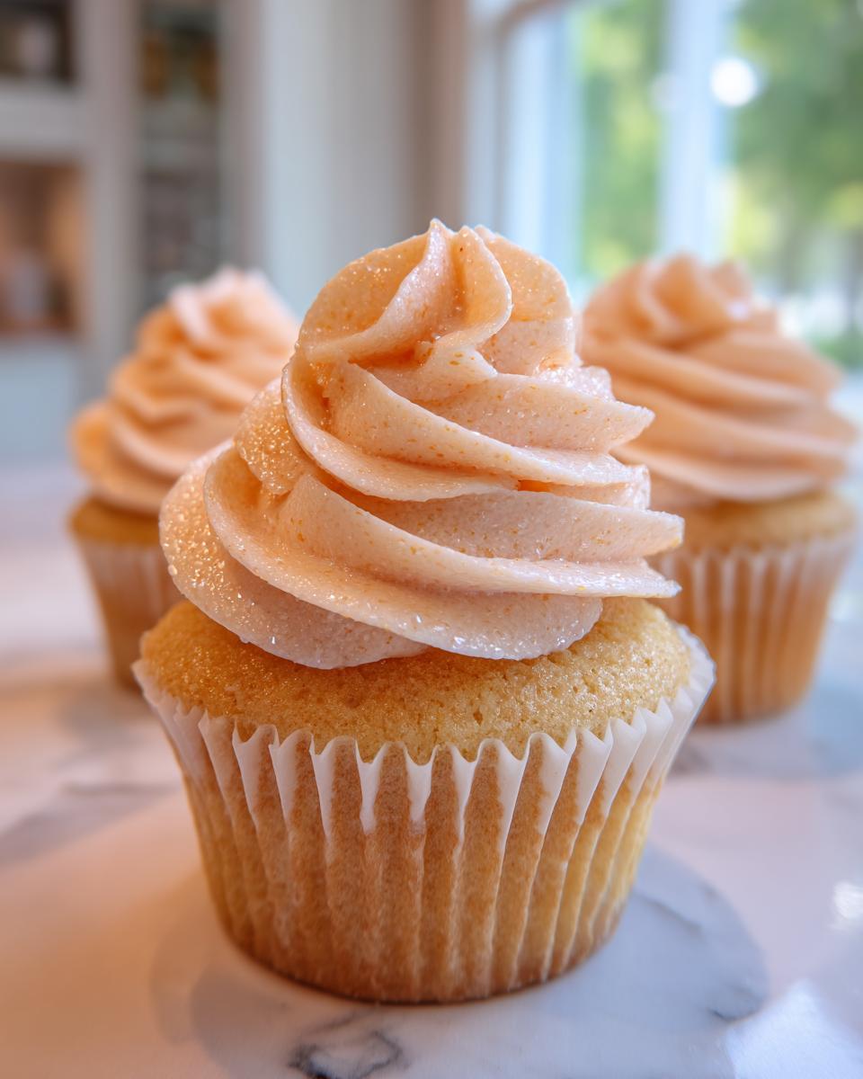 Close-up of a beautifully frosted Peach Bellini Cupcake with light orange-pink swirl icing.