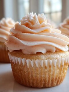 A close-up shot of one perfectly frosted Peach Bellini Cupcakes in the foreground, with others blurred in the background.