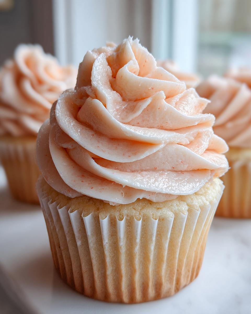 A close-up of a single Peach Bellini Cupcake featuring a tall swirl of light orange-pink frosting.