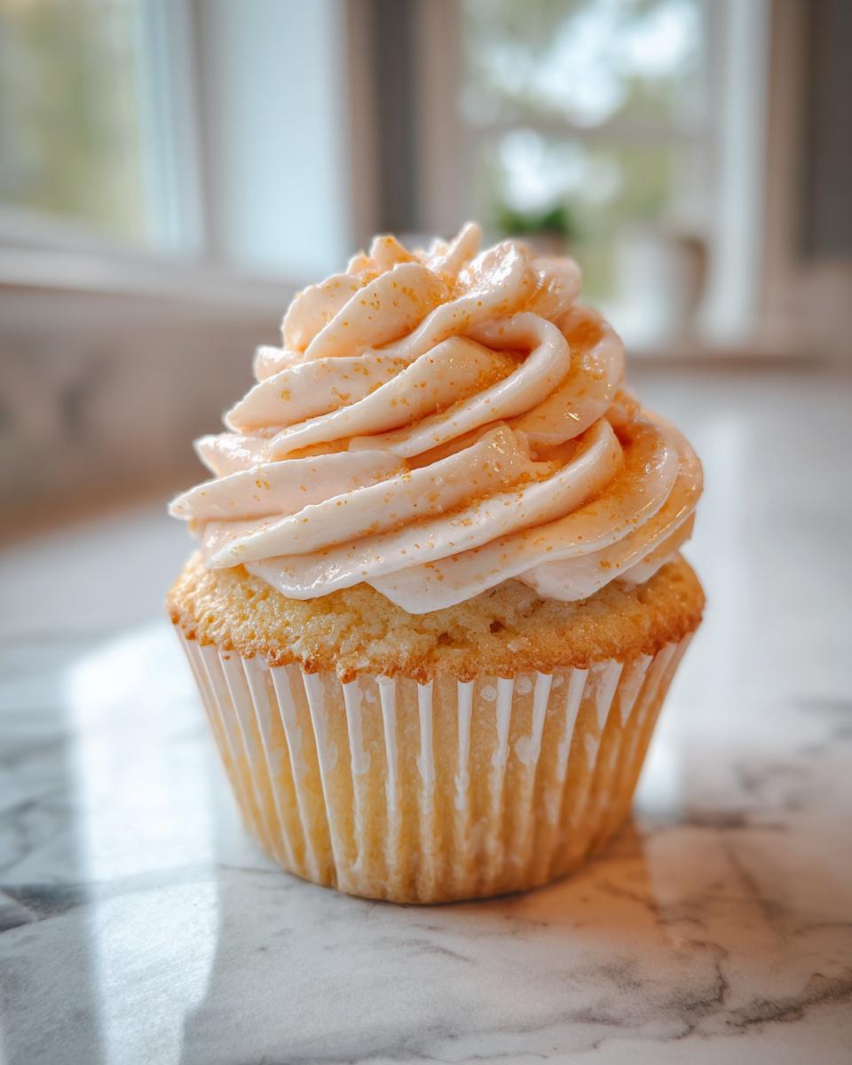 A single Peach Bellini Cupcake with tall, swirled peach-tinted frosting topped with gold sprinkles, sitting on a marble surface.