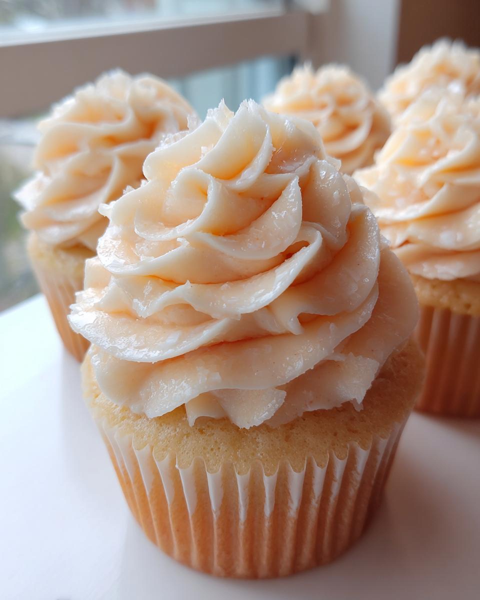 A close-up of a beautifully frosted Peach Bellini Cupcakes, featuring light peach-colored frosting swirled high on a vanilla cake base.