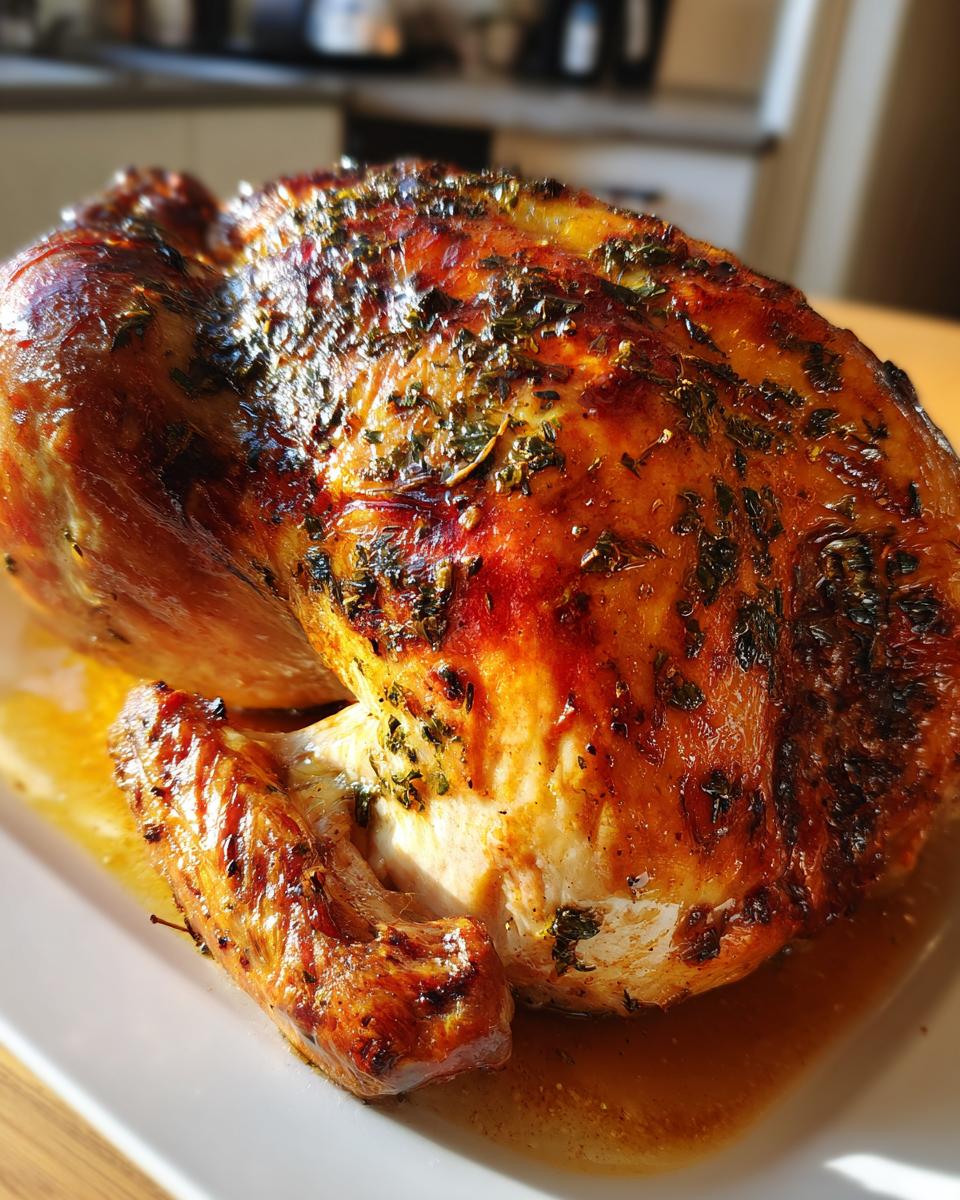 A perfectly roasted, glistening whole turkey with crispy, herb-rubbed skin, resting in its juices.