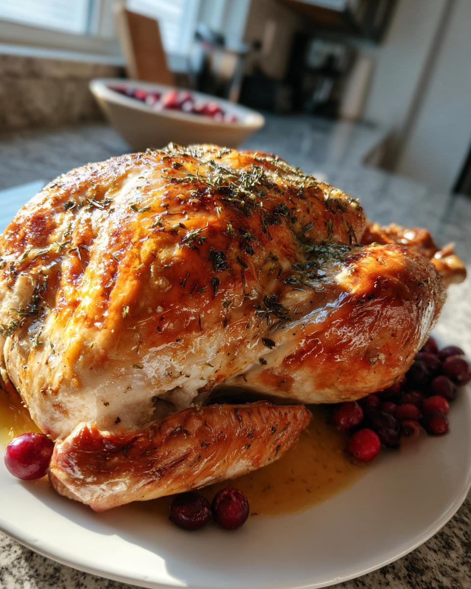 A beautifully roasted, glistening Perfect Cranberry Orange Turkey garnished with herbs and fresh cranberries.