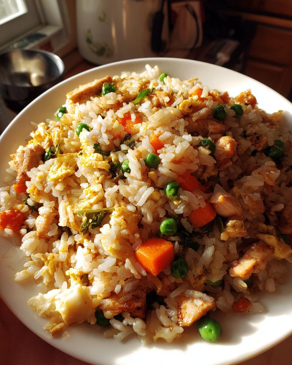 Close-up of a generous serving of homemade Chicken Fried Rice featuring white rice, scrambled egg, diced carrots, and green peas.