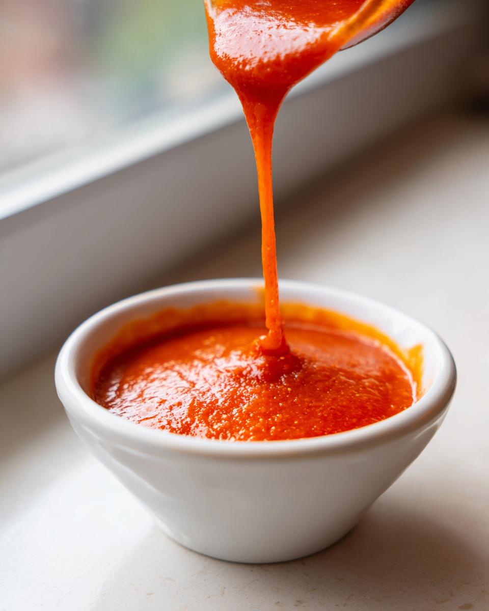 Thick, vibrant orange-red Catalina Dressing being poured from a spoon into a small white bowl.