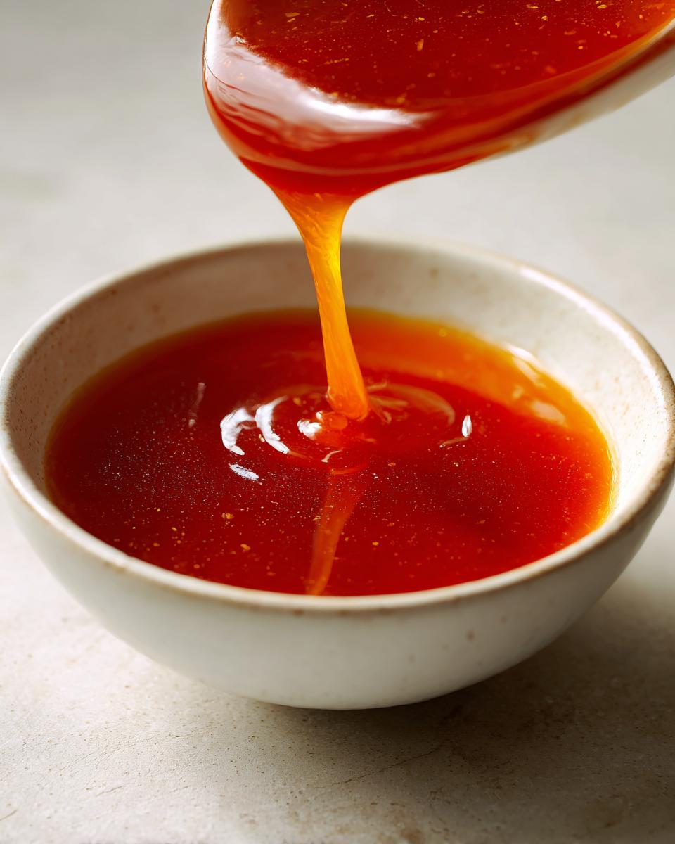 Close-up of vibrant orange-red Catalina Dressing being poured from a spoon into a small white bowl.