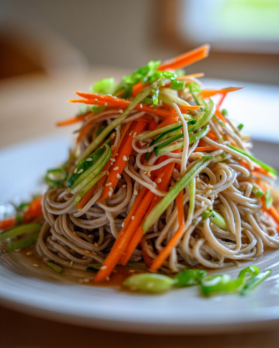 A mound of cold soba noodle recipes topped with bright julienned carrots, cucumber, and sesame seeds.