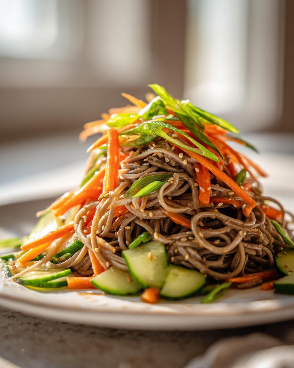 A close-up of a vibrant cold soba noodle recipe salad topped with julienned carrots and scallions.