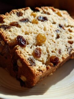 Close-up of a moist slice of fruit bread, studded with dark and golden raisins, served on a light plate.