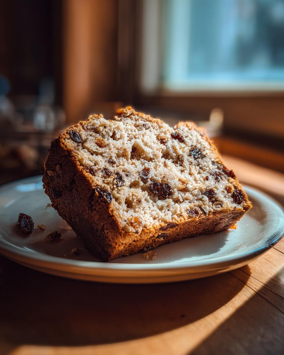 Close-up of a thick slice of raisin fruit bread resting on a white plate, illuminated by dramatic sunlight.