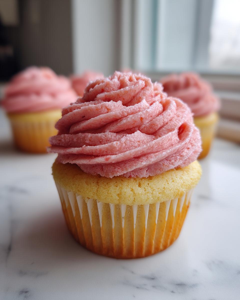 A close-up of one Raspberry Lemon Cupcake featuring a yellow cake base and vibrant pink, swirled frosting.