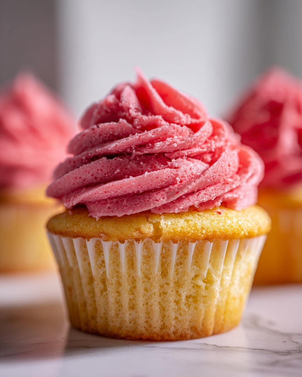 A close-up shot of one perfectly baked Raspberry Lemon Cupcake topped with vibrant pink, swirled frosting.