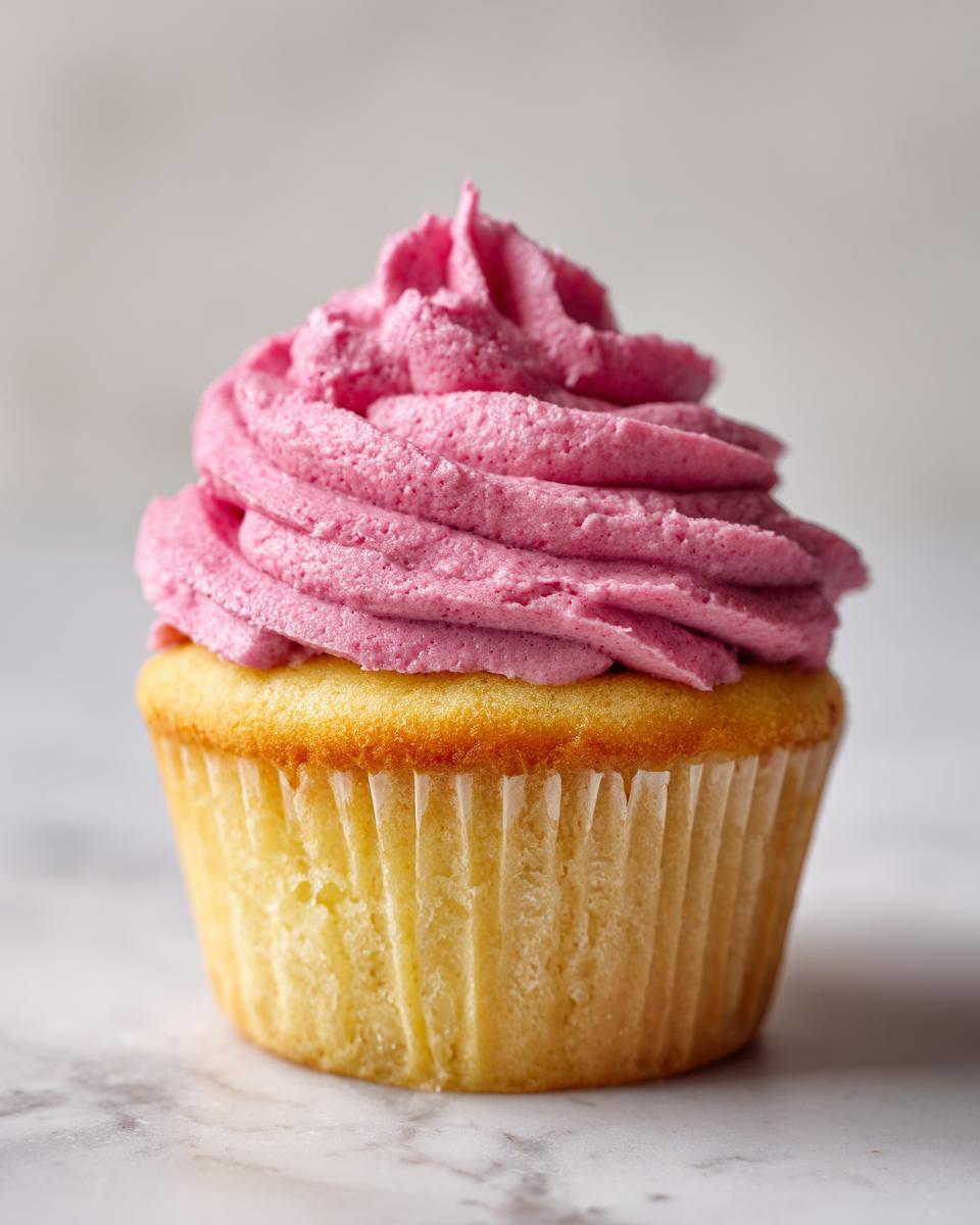 A close-up of a single vanilla cupcake topped with vibrant pink raspberry frosting, perfect for Raspberry Lemon Cupcakes.