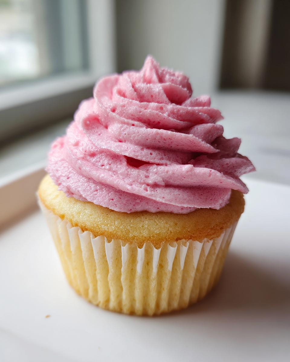 A single, perfectly baked cupcake topped with vibrant pink raspberry frosting, showcasing the golden cake base.