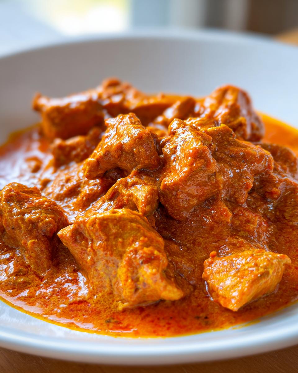 Close-up shot of tender chicken pieces coated in a rich, vibrant orange sauce, characteristic of Butter Chicken.