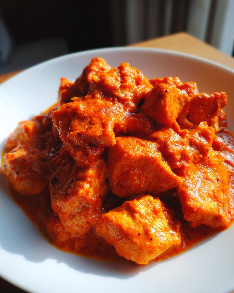 Close-up shot of tender chicken pieces coated in a vibrant, creamy orange sauce, showcasing the rich texture of Butter Chicken.