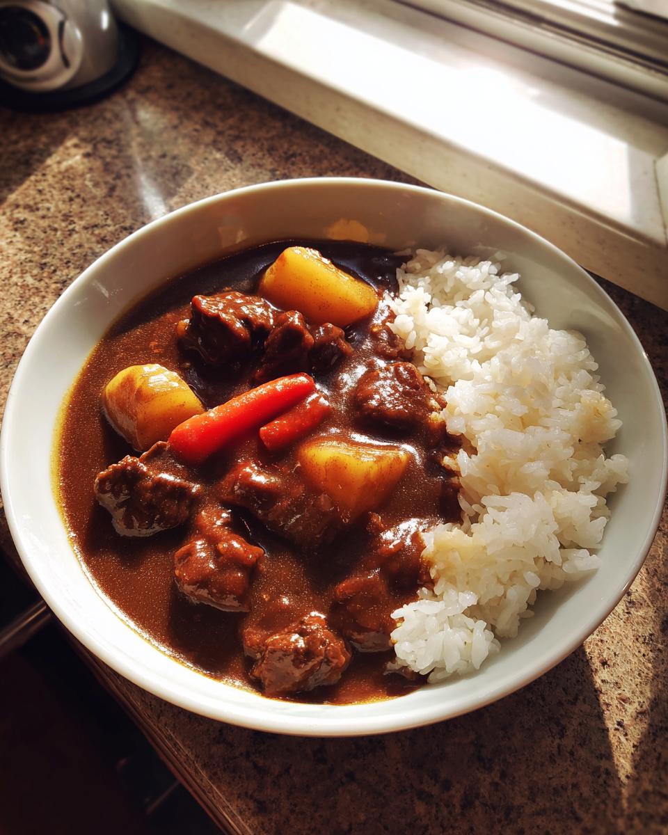 A bowl of rich Japanese Curry Recipes featuring tender beef chunks, potatoes, and carrots served next to white rice.