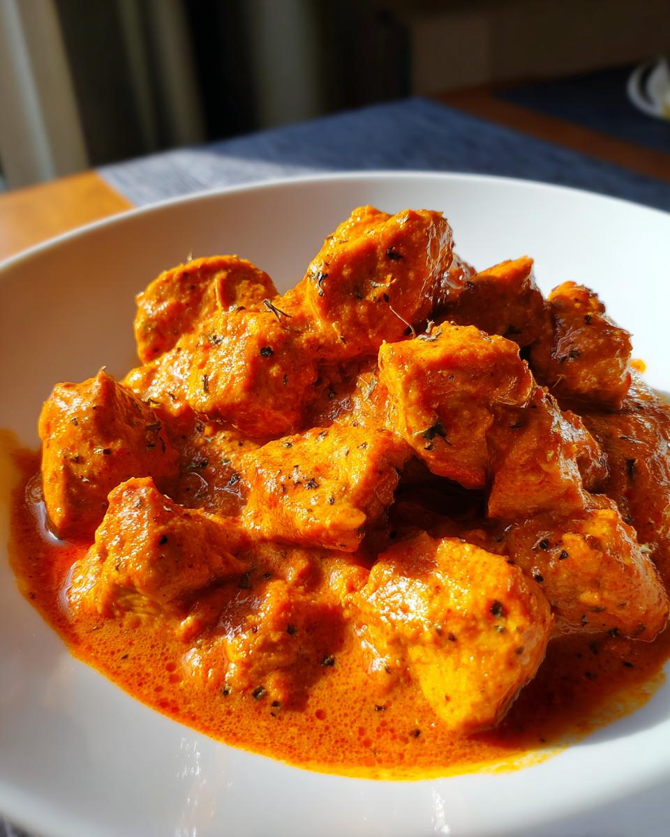 Close-up of tender chicken pieces swimming in a rich, creamy orange sauce, characteristic of Butter Chicken.