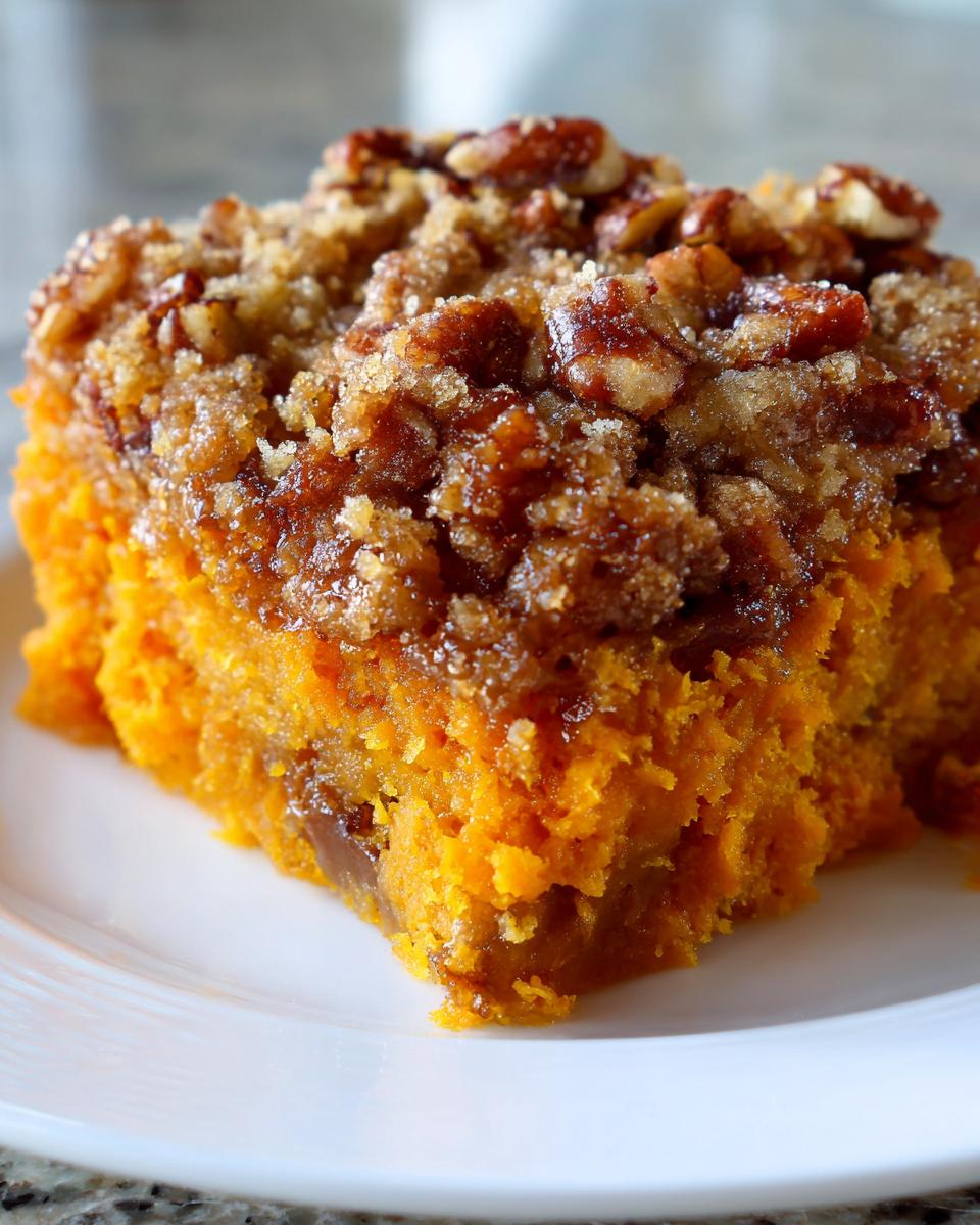Close-up of a rich, orange slice of Ruths Chris Sweet Potato Casserole topped with brown sugar and pecans.