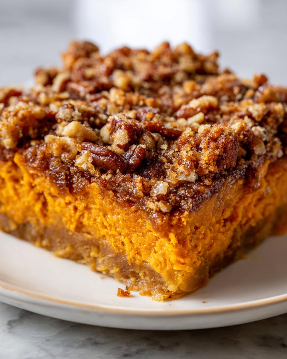 Close-up of a square slice of Ruths Chris Sweet Potato Casserole showing the bright orange filling and crunchy pecan topping.