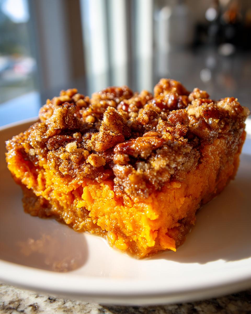 Close-up of a rich, orange slice of Ruths Chris Sweet Potato Casserole topped with a crunchy pecan streusel.
