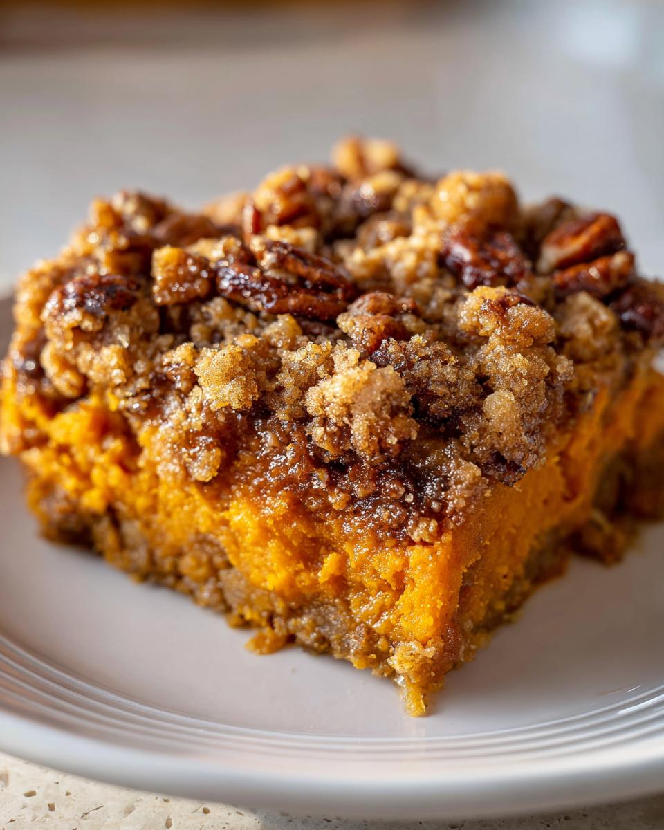 A close-up, single serving square of Ruths Chris Sweet Potato Casserole with a thick, crumbly pecan topping.