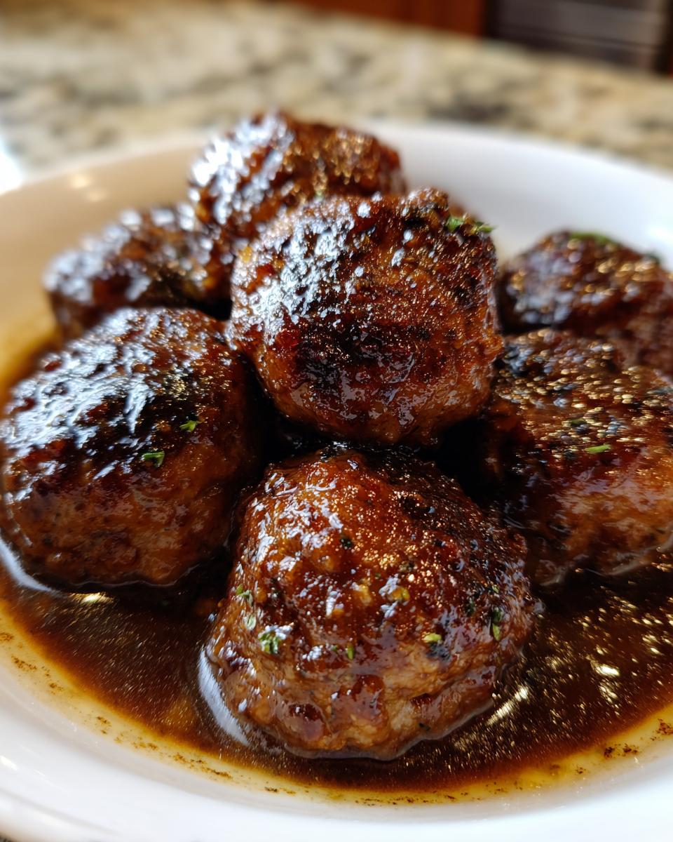 Close-up of several Salisbury Steak Meatballs covered in a thick, glossy brown gravy, served in a white bowl.