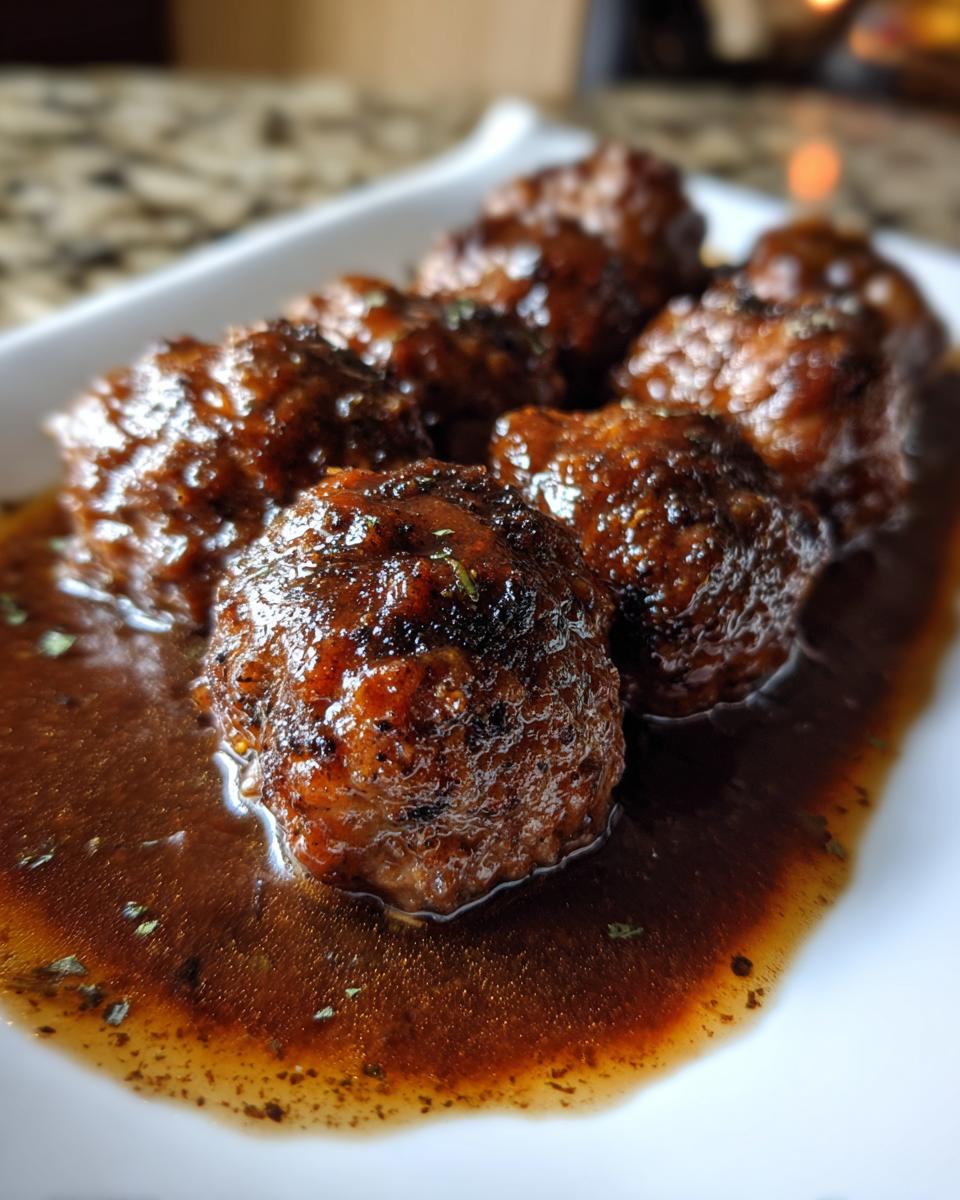 Close-up of several Salisbury Steak Meatballs covered in a glossy brown gravy, served on a white dish.