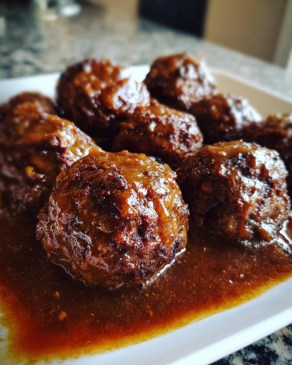A close-up shot of several rich, brown Salisbury Steak Meatballs smothered in thick, savory brown gravy on a white plate.