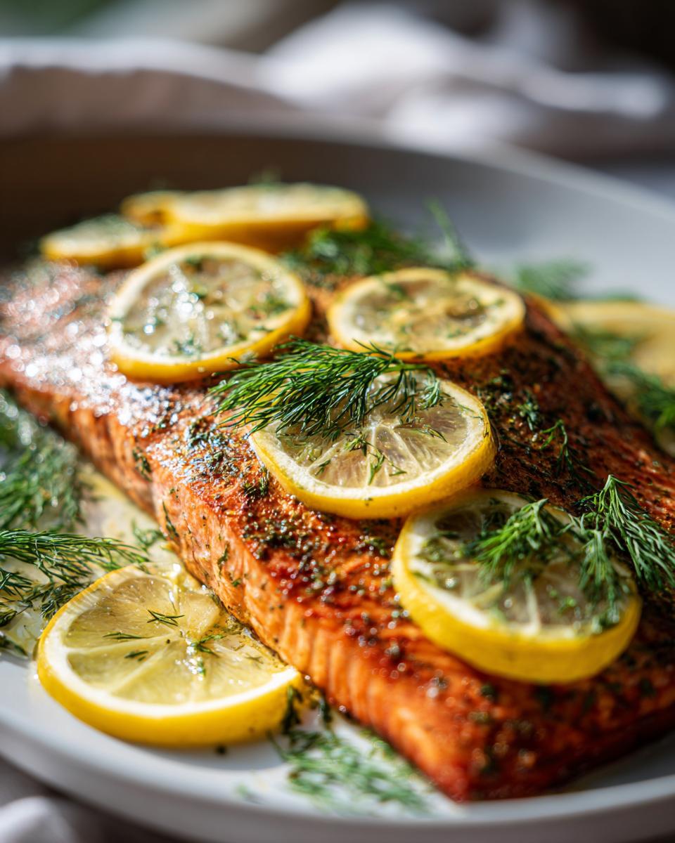 Close-up of a baked or pan-seared salmon fillet topped with lemon slices and fresh dill, ideal for Pescatarian Recipes.